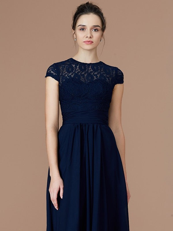 Lace Sleeves Jewel A-Line/Princess Short Floor-Length Chiffon Bridesmaid Dresses