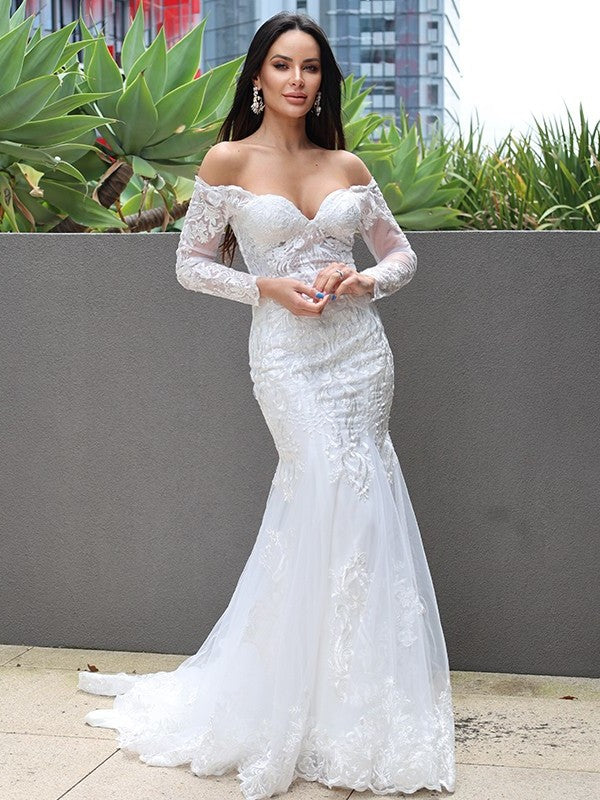 Sweep/Brush Applique Sleeves Off-the-Shoulder Long Trumpet/Mermaid Tulle Train Wedding Dresses