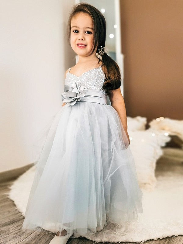 Straps Sleeveless Spaghetti Sequin Tulle A-Line/Princess Tea-Length Flower Girl Dresses