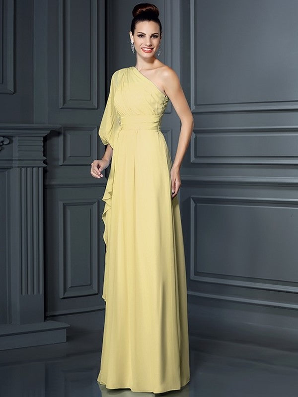 3/4 Sheath/Column Long One-Shoulder Sleeves Chiffon Bridesmaid Dresses