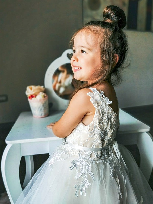 Sleeveless V-neck Lace Ankle-Length Tulle A-Line/Princess Flower Girl Dresses