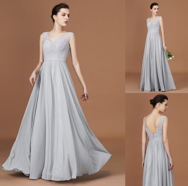 V-neck Floor-Length Chiffon Sleeveless A-Line/Princess Lace Bridesmaid Dress