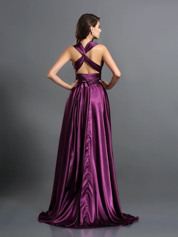 Pleats Silk A-Line/Princess like Long Sleeveless Satin Bridesmaid Dresses