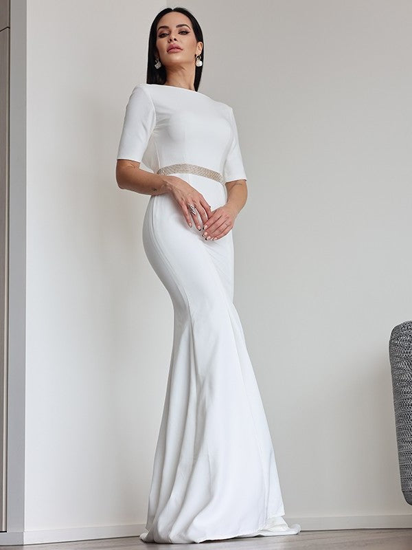 1/2 Stretch Sheath/Column Sweep/Brush Ruched Scoop Sleeves Crepe Train Wedding Dresses