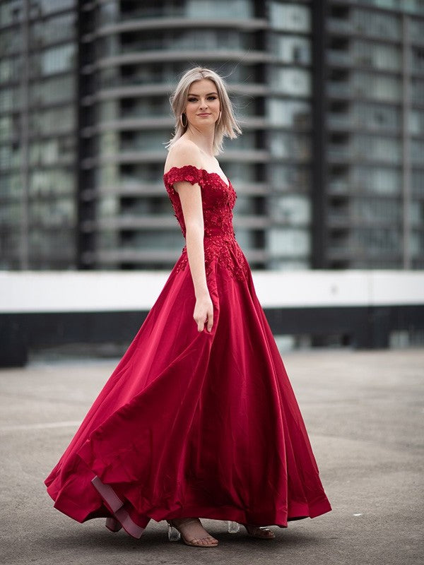 Off-the-Shoulder Satin Ball Applique Gown Sleeveless Floor-Length Dresses