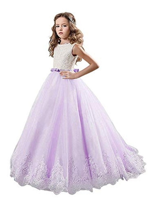 Tulle Gown Jewel Sweep/Brush Sleeveless Train Lace Ball Flower Girl Dresses