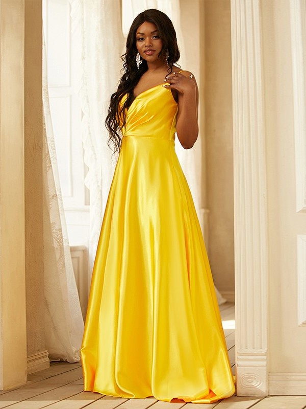 V-neck Sleeveless like Silk A-Line/Princess Ruched Satin Sweep/Brush Train Dresses