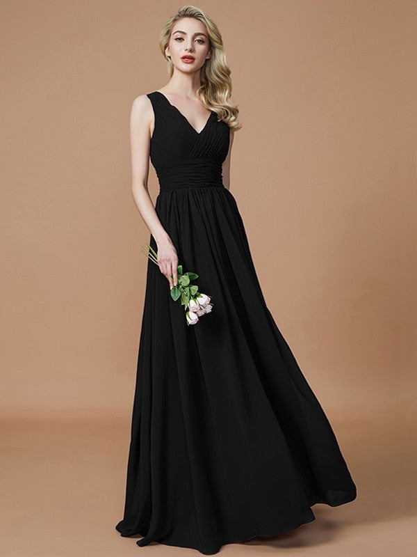 V-neck A-Line/Princess Floor-Length Sleeveless Chiffon Bridesmaid Dresses