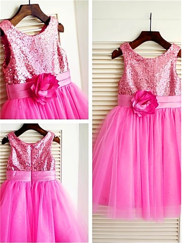 A-line/Princess Scoop Tulle Sleeveless Sequin Tea-Length Flower Girl Dresses