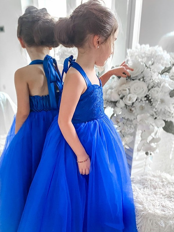 Sleeveless Halter Tulle Tea-Length Ruffles A-Line/Princess Flower Girl Dresses