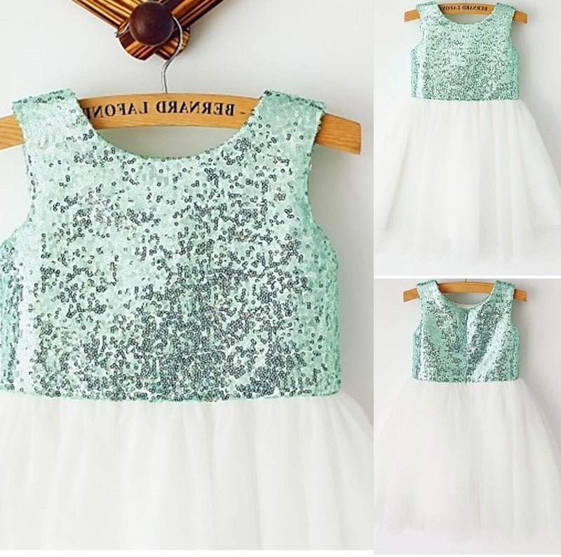 Tea-Length Sequin Scoop Sleeveless A-line/Princess Tulle Flower Girl Dresses