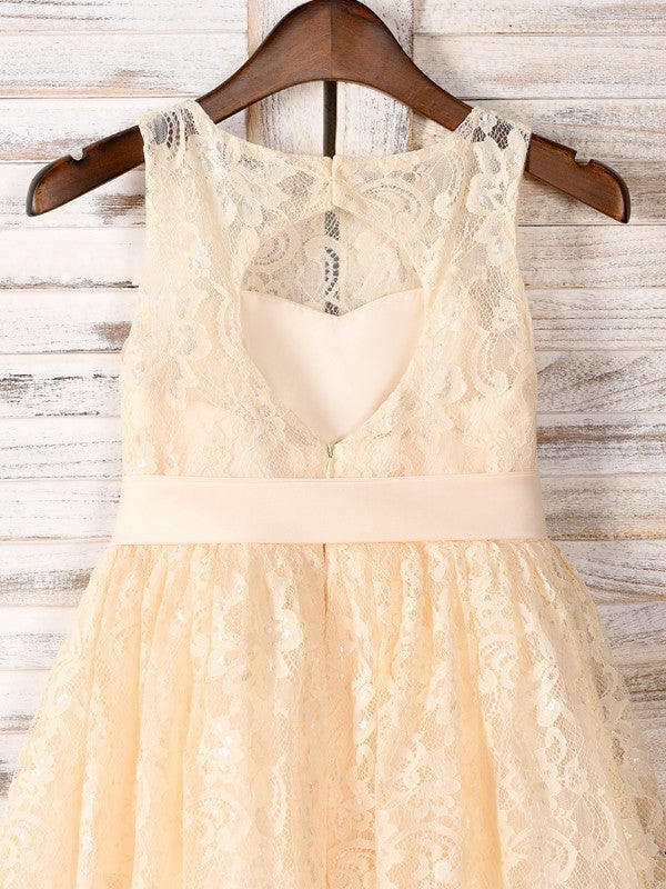 Lace Sash/Ribbon/Belt Scoop Sleeveless Tea-Length A-Line/Princess Flower Girl Dresses