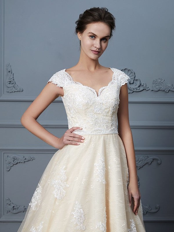 Sweetheart Gown Ball Court Sleeveless Train Beading Lace Wedding Dresses