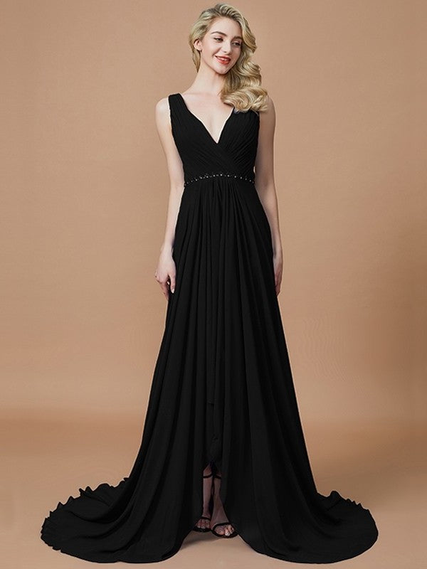 V-neck Chiffon Sleeveless Sweep/Brush A-Line/Princess Train Bridesmaid Dresses