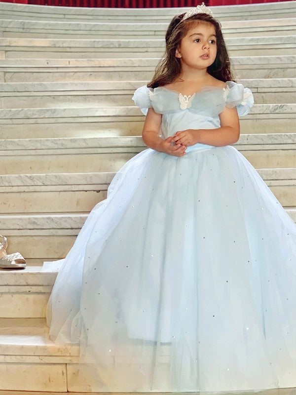 Tulle Rhinestone Ball Gown Off-the-Shoulder Floor-Length Sleeveless Flower Girl Dresses