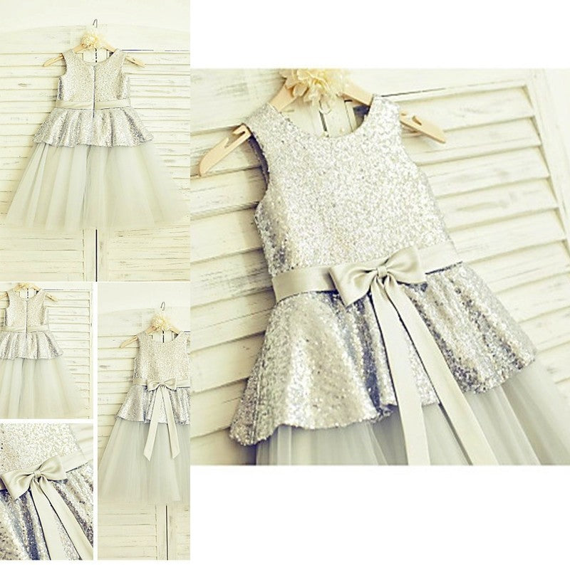 Scoop Sleeveless Tea-Length A-line/Princess Sequin Tulle Flower Girl Dresses