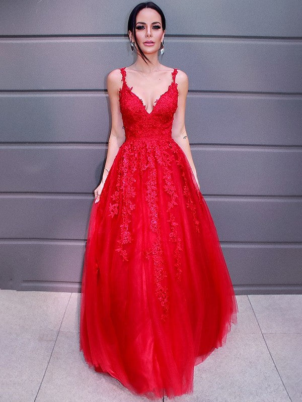 A-Line/Princess V-neck Floor-Length Tulle Applique Sleeveless Dresses