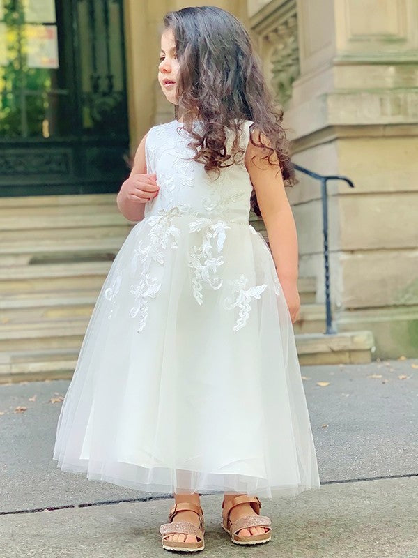 Ankle-Length Scoop Tulle A-Line/Princess Sleeveless Lace Flower Girl Dresses