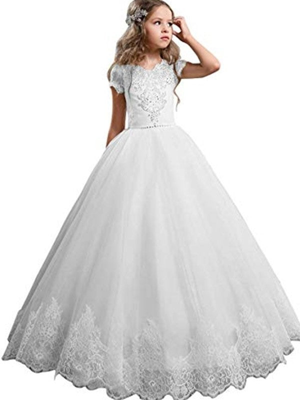 Gown V-neck Sleeves Tulle Short Floor-Length Lace Ball Flower Girl Dresses