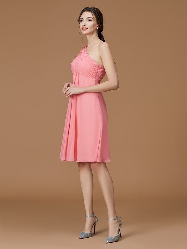 Sleeveless Ruched Short/Mini A-Line/Princess One-Shoulder Chiffon Bridesmaid Dresses