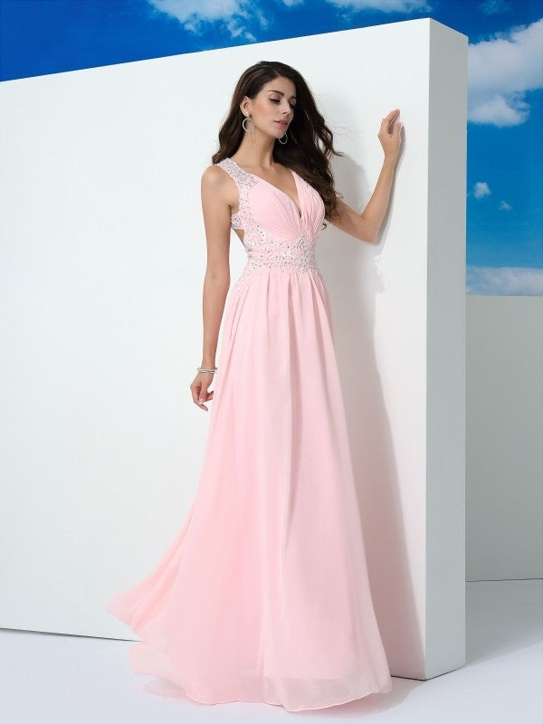 Beading A-Line/Princess Sleeveless Straps Long Chiffon Dresses