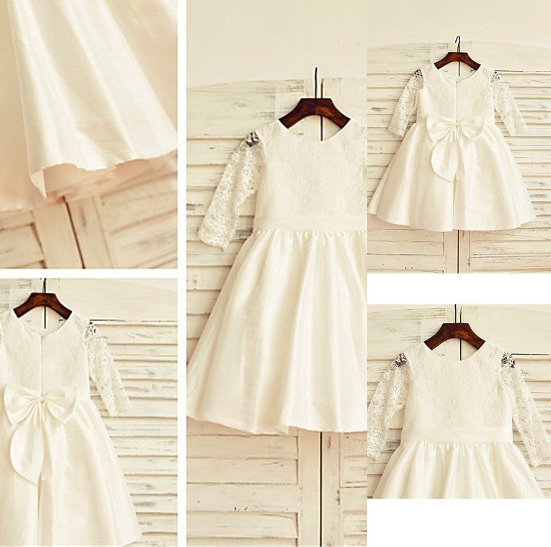 Lace Jewel Long Sleeves Tea-Length Satin A-line/Princess Flower Girl Dresses