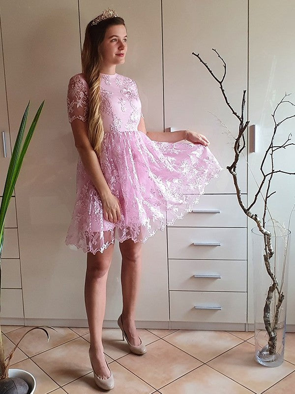 Neck Organza Short Sheer Applique Sleeves A-Line/Princess Short/Mini Homecoming Dresses