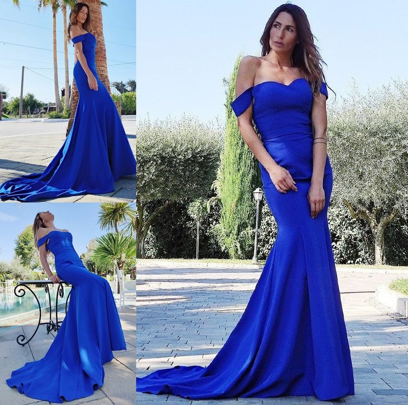 Trumpet/Mermaid Satin Sleeveless Off-the-Shoulder Ruffles Sweep/Brush Train Dresses