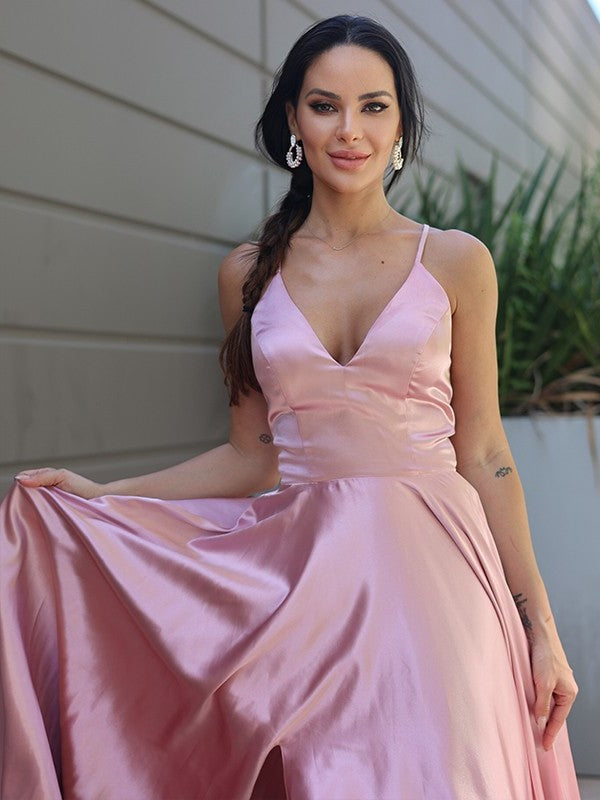 like Sleeveless V-neck Silk Ruffles Satin A-Line/Princess Sweep/Brush Train Dresses