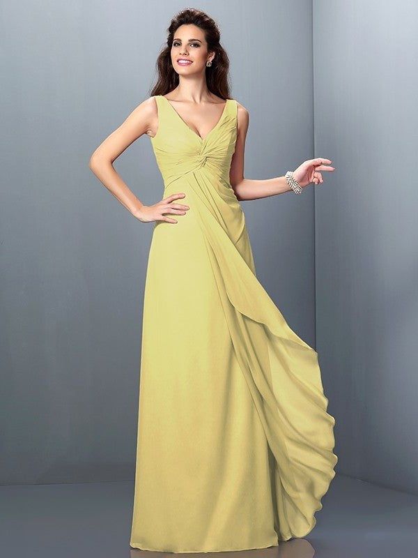 Straps Sleeveless A-Line/Princess Long Pleats Chiffon Bridesmaid Dresses