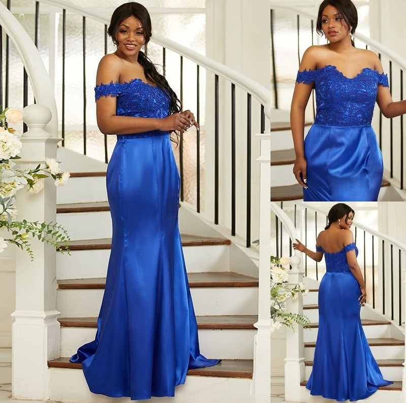 Sleeveless Off-the-Shoulder Silk Sheath/Column Applique like Sweep/Brush Satin Train Bridesmaid Dresses