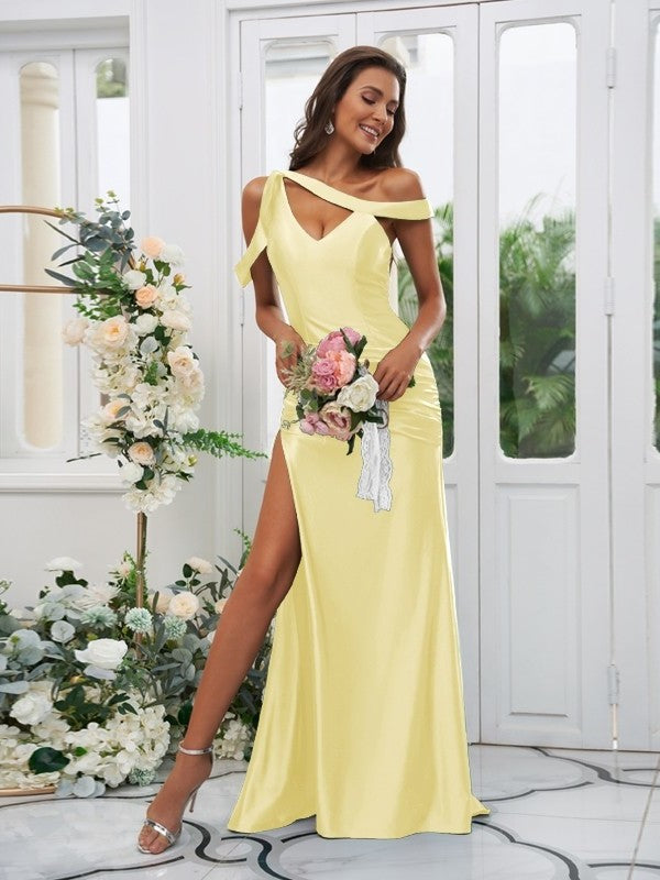 Sweep/Brush Sheath/Column Ruched Sleeveless Charmeuse Off-the-Shoulder Train Bridesmaid Dresses