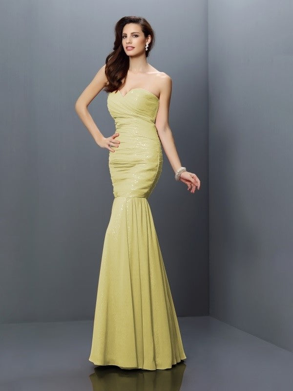 Trumpet/Mermaid Pleats Long Sleeveless Sweetheart Chiffon Bridesmaid Dresses