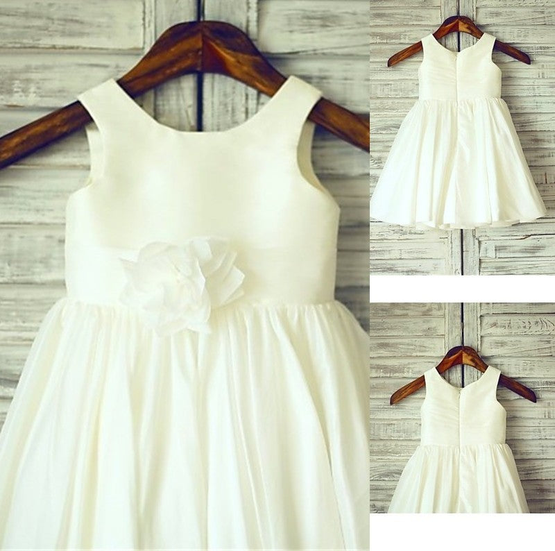 Hand-made Flower Tea-Length A-line/Princess Scoop Sleeveless Chiffon Flower Girl Dresses