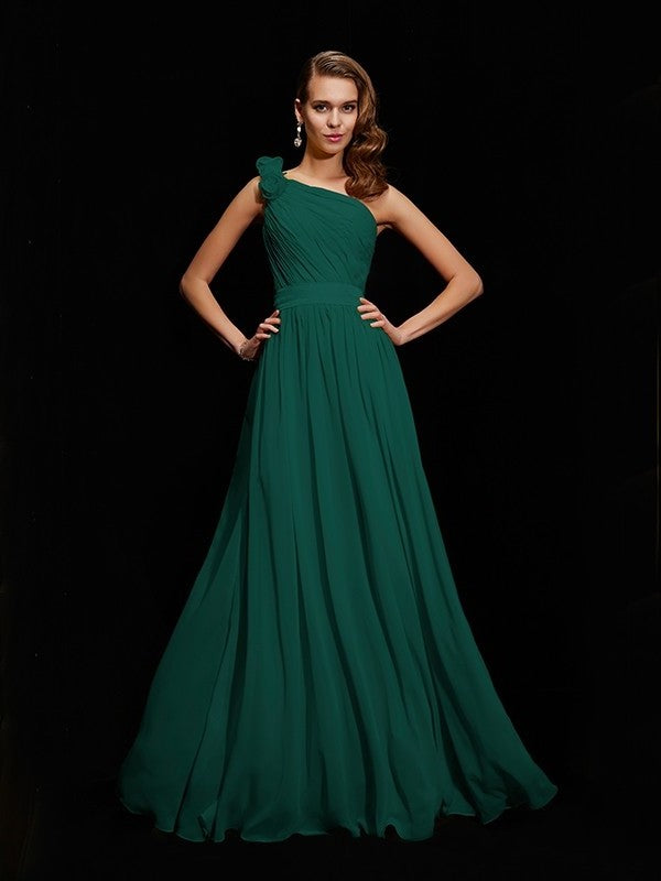 Flower Sleeveless A-Line/Princess One-Shoulder Hand-Made Long Chiffon Bridesmaid Dresses