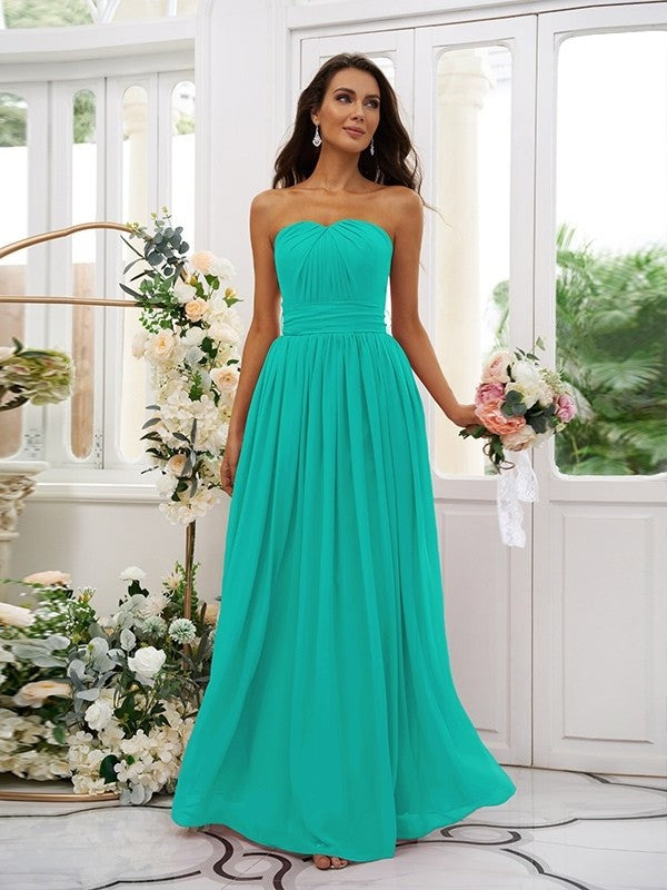 Strapless Sleeveless Ruffles A-Line/Princess Chiffon Floor-Length Bridesmaid Dresses