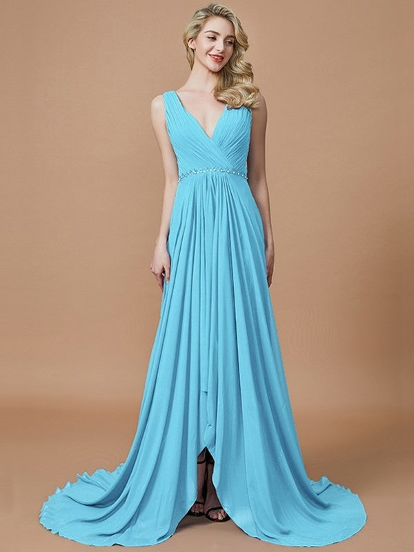 V-neck Chiffon Sleeveless Sweep/Brush A-Line/Princess Train Bridesmaid Dresses