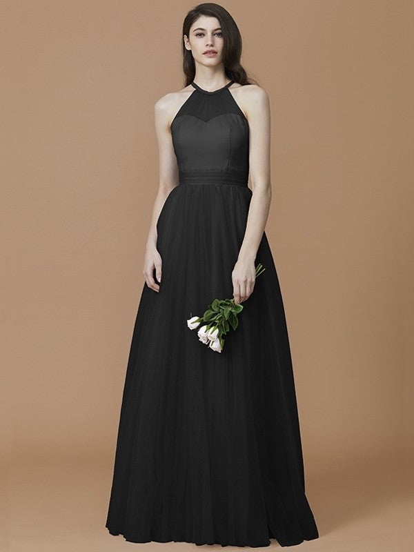 Halter Sleeveless Ruffles Floor-Length A-Line/Princess Tulle Bridesmaid Dresses