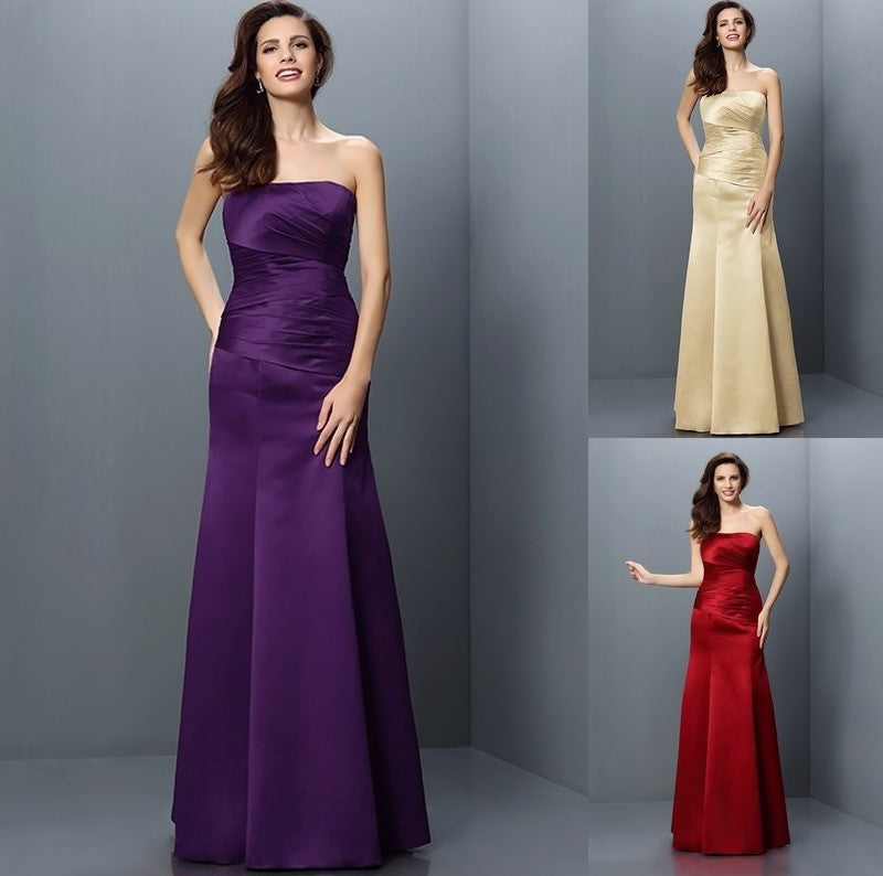 Strapless Pleats Long Sleeveless Sheath/Column Satin Bridesmaid Dresses