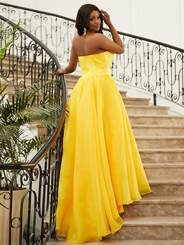 Strapless Satin Sleeveless A-Line/Princess Ruffles Sweep/Brush Train Dresses