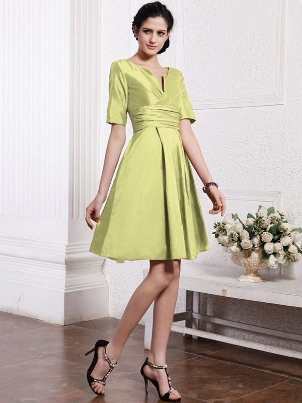 V-neck Pleats Sleeves Sheath/Column Half Taffeta Bridesmaid Dresses