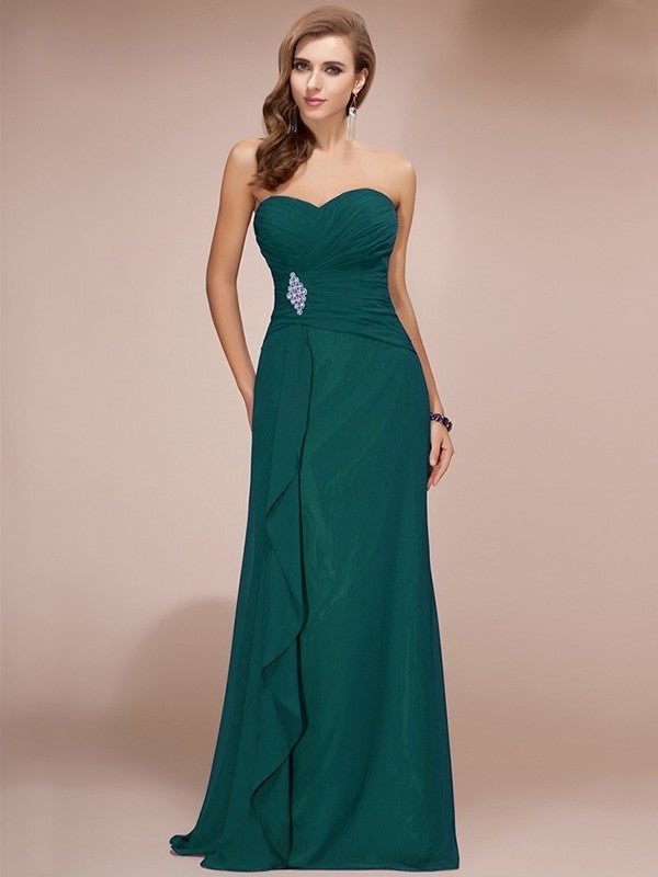 Sleeveless Sheath/Column Long Beading Sweetheart Ruffles Chiffon Bridesmaid Dresses