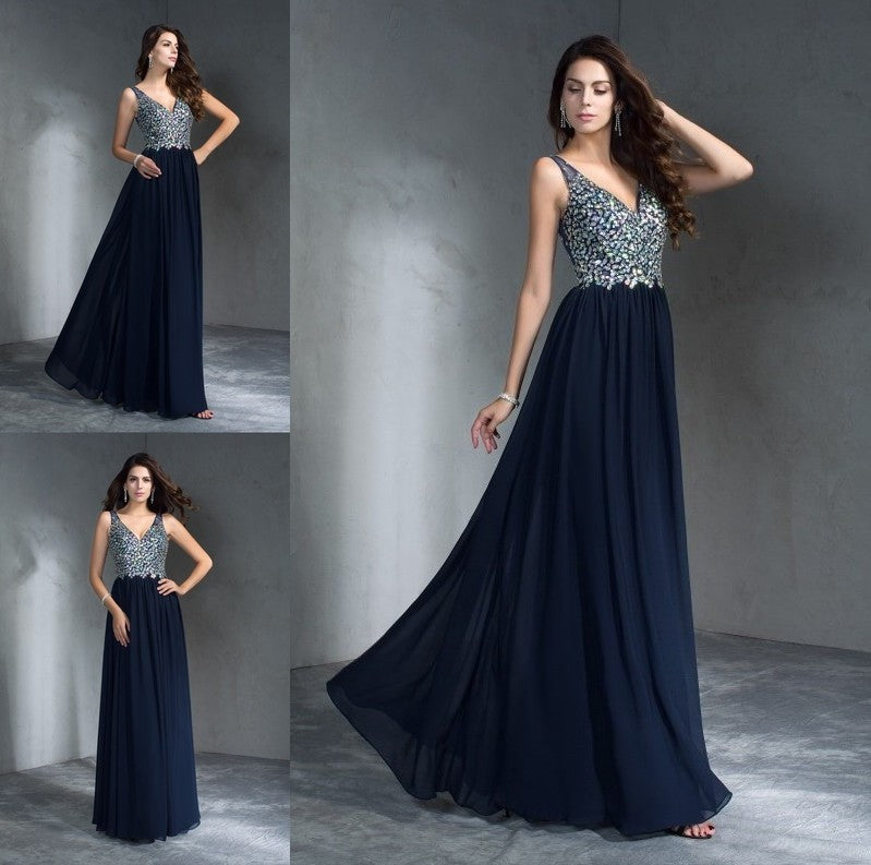 A-Line/Princess V-neck Sleeveless Beading Long Chiffon Dresses