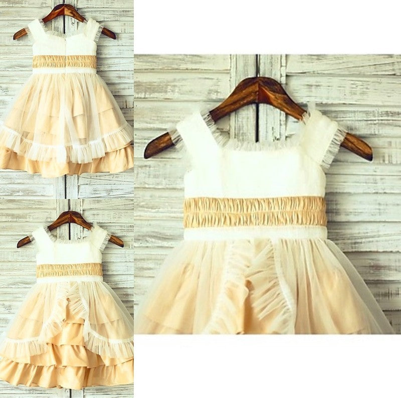 A-line/Princess Square Tea-Length Satin Layers Sleeveless Flower Girl Dresses