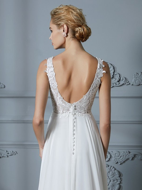 Train A-Line/Princess Sleeveless V-neck Sweep/Brush Chiffon Wedding Dresses