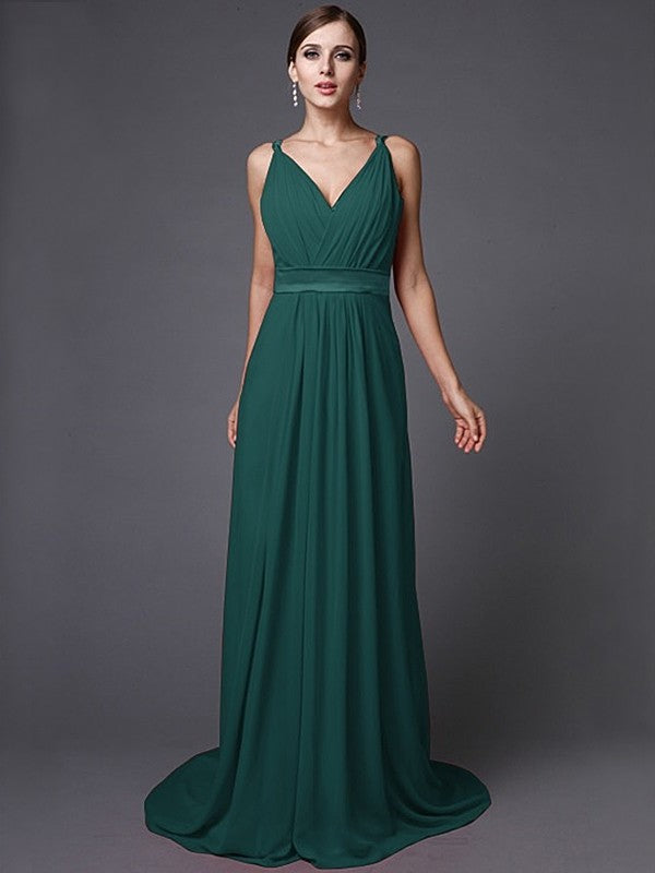 Long Ruffles A-Line/Princess Sleeveless V-neck Chiffon Bridesmaid Dresses