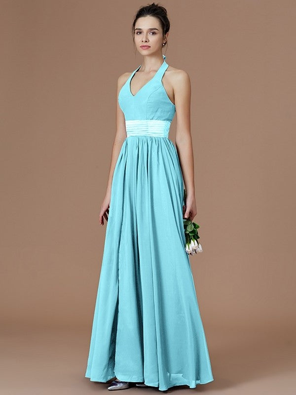 Floor-Length Sleeveless Halter A-Line/Princess Sash/Ribbon/Belt Chiffon Bridesmaid Dresses