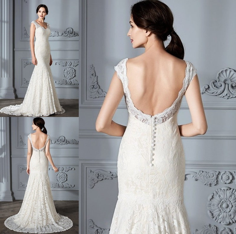 Lace V-Neck Sleeveless Sweep/Brush Trumpet/Mermaid Train Wedding Dresses