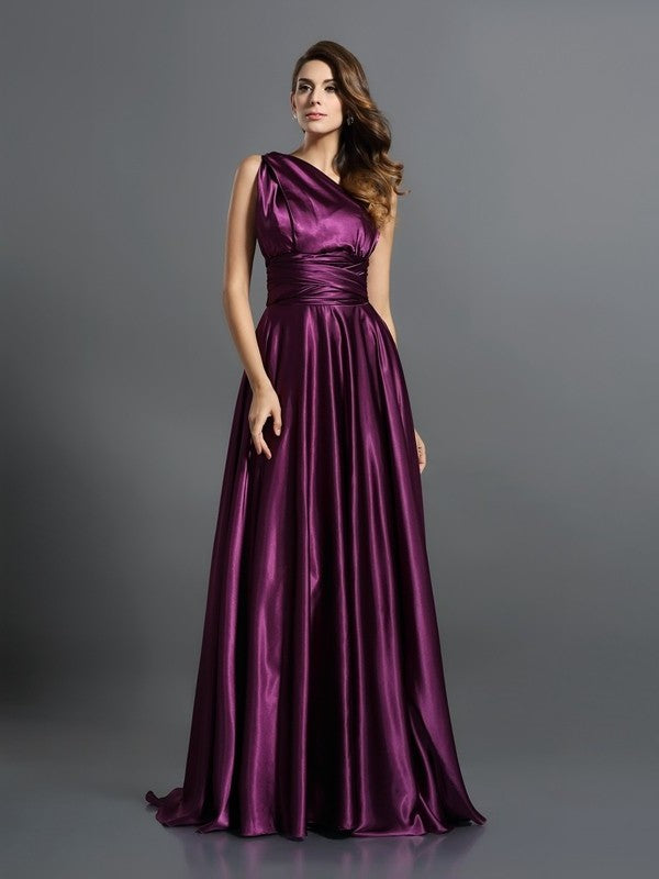 Pleats Silk A-Line/Princess like Long Sleeveless Satin Bridesmaid Dresses