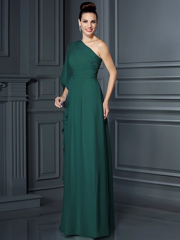 3/4 Sheath/Column Long One-Shoulder Sleeves Chiffon Bridesmaid Dresses